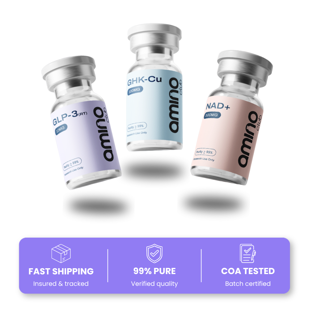 Three Amino Club research peptide vials GLP-3 GHK-Cu and NAD+ with fast shipping 99% pure and COA tested badge